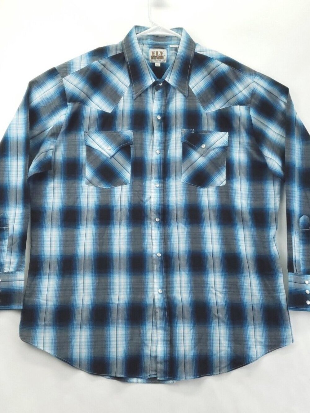 Ely Cattleman Shirt Men XL Blue Black Western Pearl Snap Plaid Classic